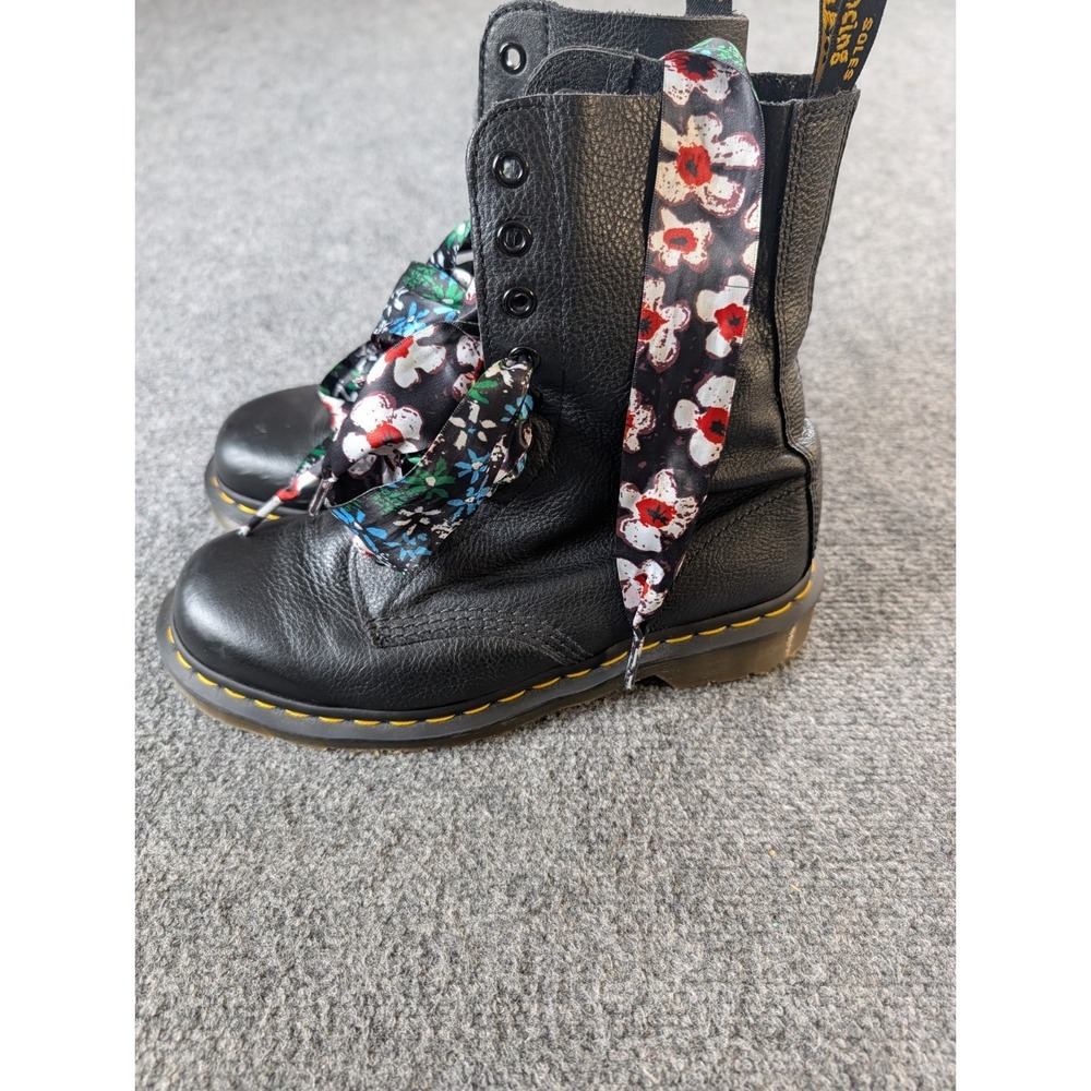 Dr. Martens Molly Boots Pisa Leather Black Floral Ribbon Laces Size UK 6 US 8 L